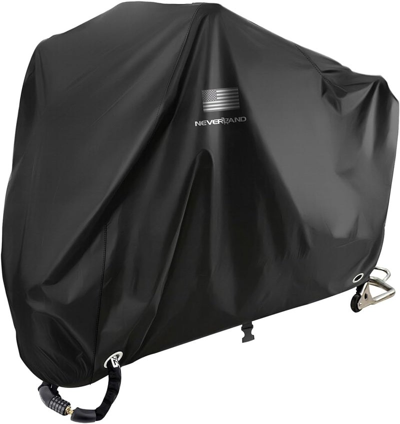 NEVERLAND Motorcycle Cover Waterproof Outdoor - Black Heavy Duty Scooter Cover, Motorbike Cover with Refletive Logo, Lock-Hole, Bandage, Storage Bag-Protect Against Dust, Debris, Rain (XXXL) - Image 1